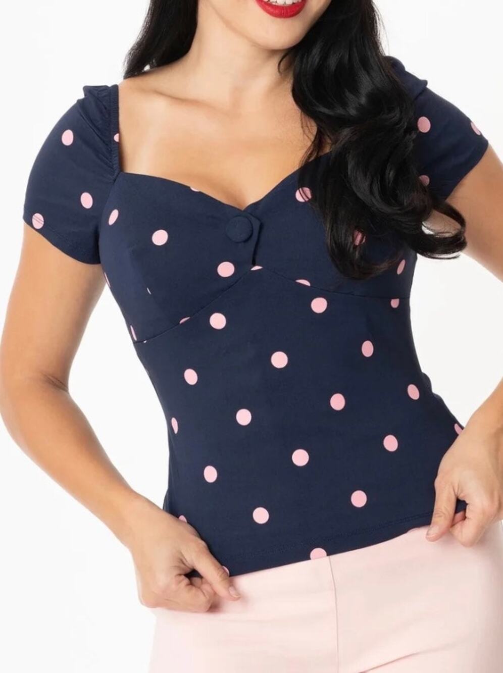 Unique Vintage Navy And Pink Blouse S NWOT